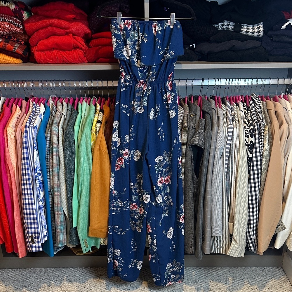 Unbranded blue/pink/white floral strapless elastic waistband jumpsuit size M